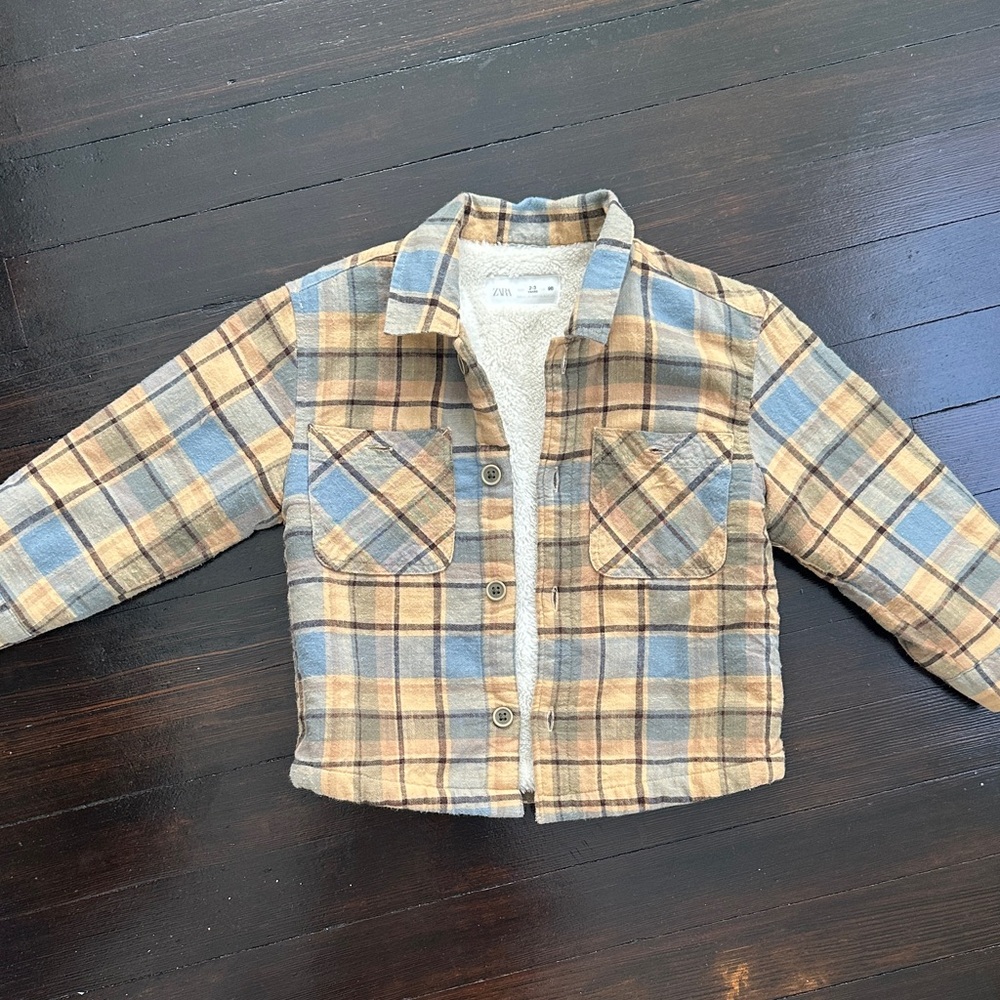 Zara Kids Plaid Sherpa Jacket in Grey & Tan